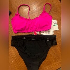 Hot Pink Ruffle Bikini Top & Black High-Waist Bottoms